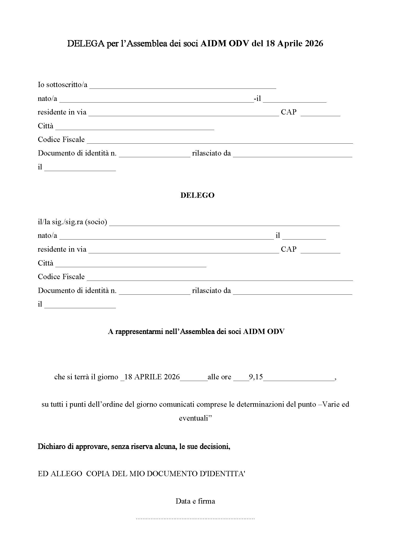 MODELLO DELEGA ASSEMBLEA SOCI AIDM ODV